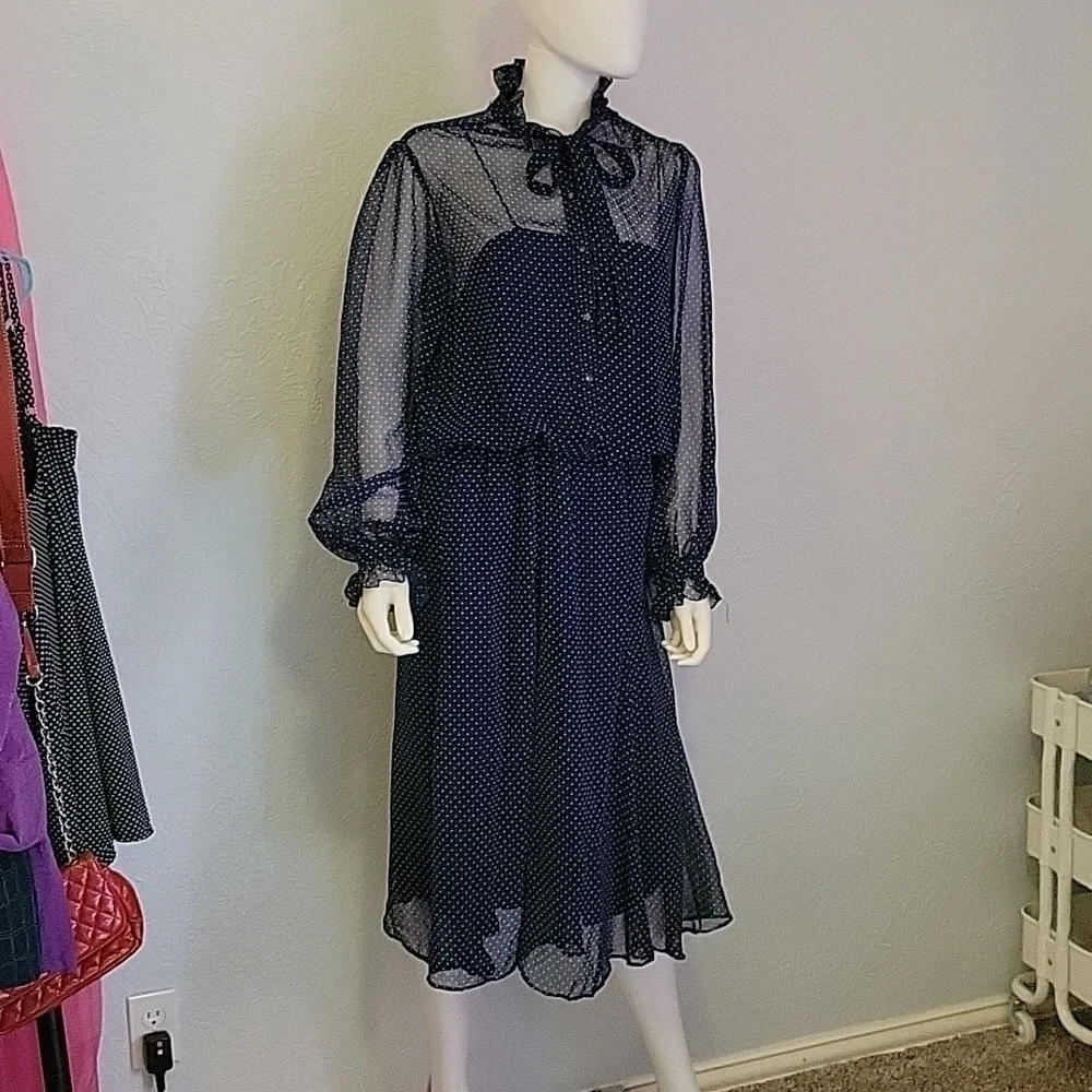 VTG AJ BARI Navy Pin Dot Chiffon Blouson Ruffle Bow Tie Castlecore Shirt Dress - Picture 2 of 10